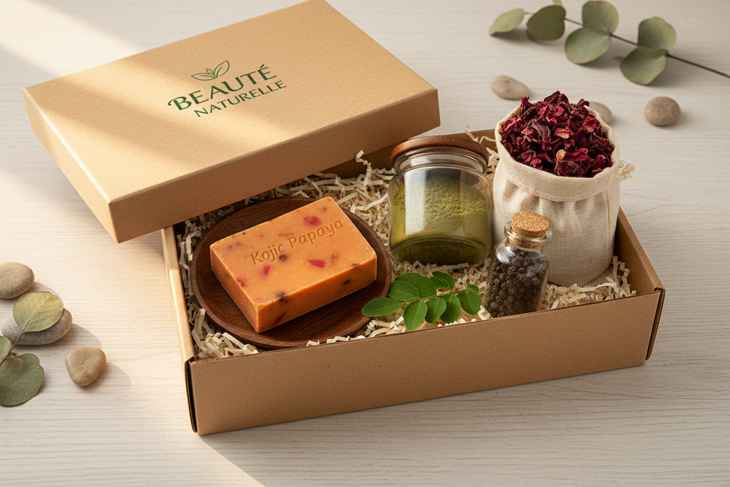 Coffret "Beauté Naturelle", Contenu : Savon Kojic Papaye : Pour le nettoyage quotidien du visage. Poudre de Moringa ,Infusion d'Hibiscus et Poivre de Penja