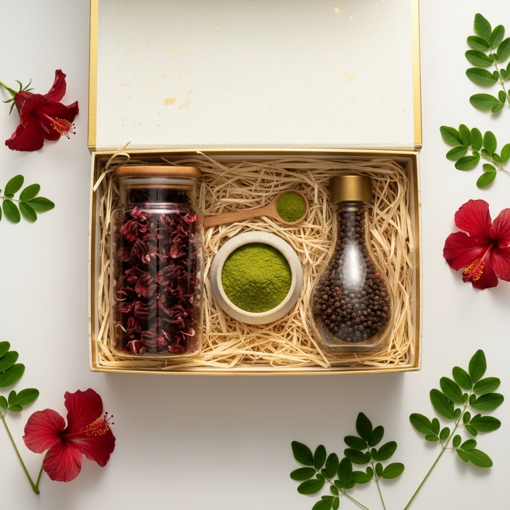 coffret bien-être et vitalité: Contenu : Infusion d'Hibiscus : Une boisson bien-être pour se détendre. Poudre de Moringa : À ajouter dans des smoothies ou en tisane pour un regain d’énergie et une bonne santé générale. Poivre de Penja : Un ajout unique et raffiné en cuisine pour agrémenter les plats tout en profitant de ses bienfaits pour la digestion