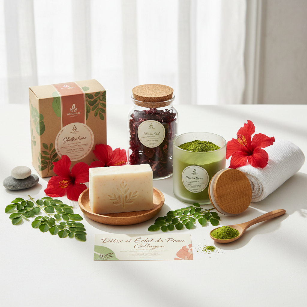 Coffret "Détox et Éclat de la Peau" contenant: Savon Glutathione et Collagène : Pour un nettoyage en douceur, adapté à un usage quotidien. Infusion d'Hibiscus : Pour une cure détoxifiante et riche en antioxydants. Poudre de Moringa : À consommer pour ses vertus purifiantes et nutritives, ou pour faire des masques "détox" pour le visage.