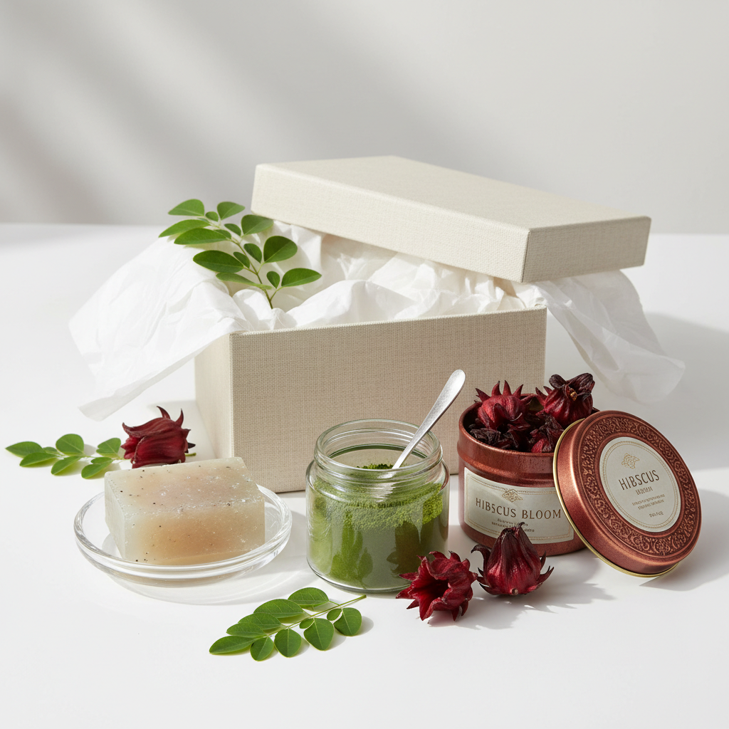 coffret Routine Beauté Anti-Âge contenant: Savon Glutathione et Collagène : Pour nettoyer en profondeur, hydrater et donner un effet raffermissant. Poudre de Moringa : En complément alimentaire pour lutter contre les signes de l'âge grâce à sa richesse en antioxydants. Infusion d’Hibiscus : Riche en vitamine C et en antioxydants, elle aide à la régénération cellulaire et offre une boisson idéale pour les peaux matures
