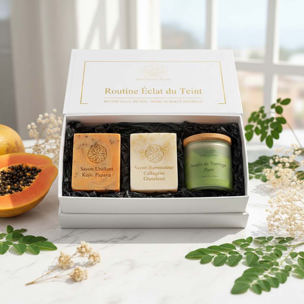 Coffret "Routine Éclat du Teint" , Contenu : Savon unifiant Kojic Papaye : Pour unifier le teint et aider à réduire les taches. Savon éclaircissant Collagène Glutathione : Pour un effet éclaircissant en douceur, tout en apportant une hydratation intense. Poudre de Moringa : En complément alimentaire, le moringa est excellent pour la santé de la peau et du corps, en apportant des vitamines et des antioxydants. Et également utilisée dans des masques maison pour le visage.