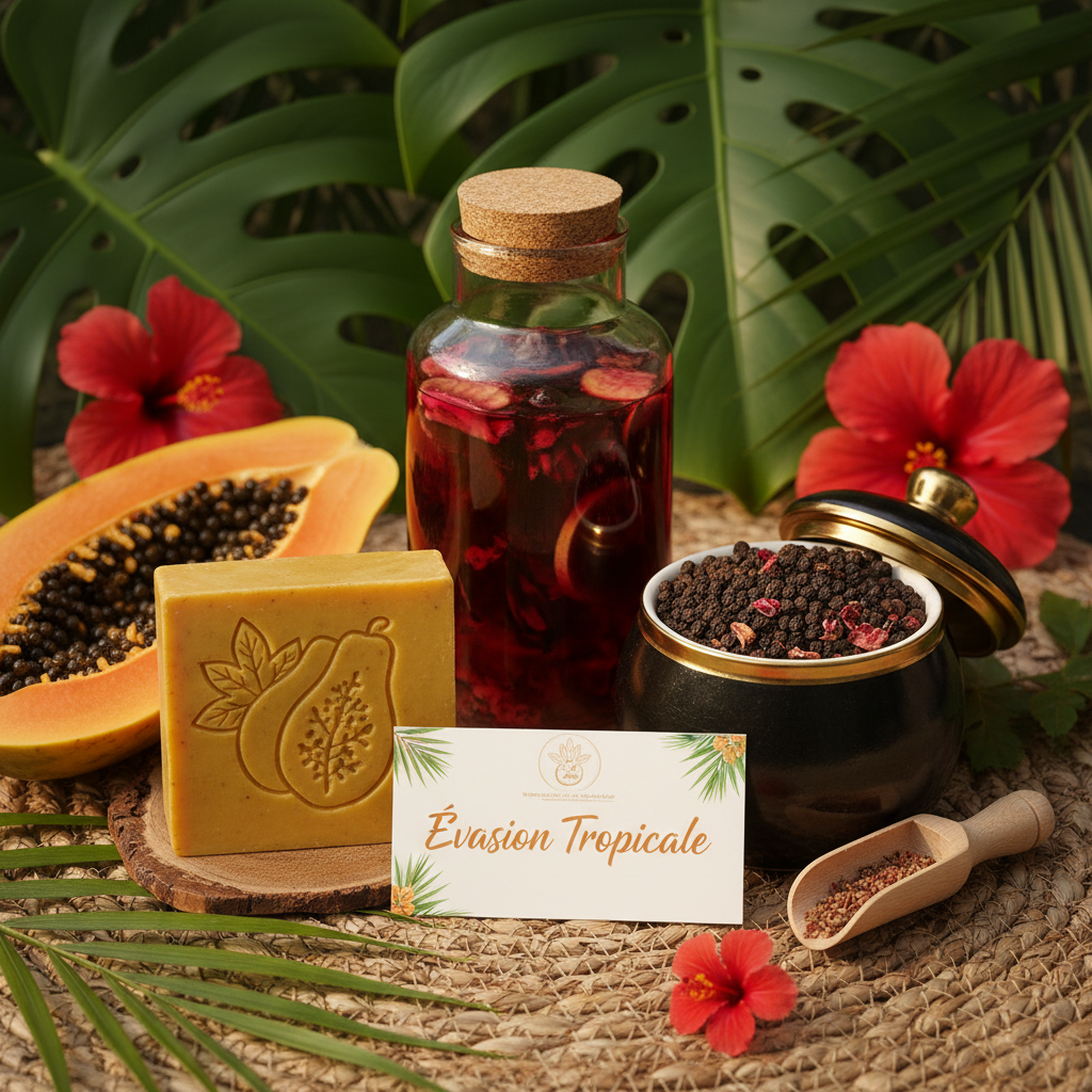 Coffret "Évasion Tropicale", Contenu : Savon Kojic Papaye : Parfum exotique, idéal pour apporter une touche tropicale dans la routine de soin. Infusion d'Hibiscus : Une boisson rafraîchissante pour une évasion sensorielle. Poivre de Penja : Une touche originale, à utiliser en cuisine pour apporter des saveurs épicées et un goût unique. Il peut être un bon complément dans un coffret cadeau pour un esprit "nature et bien-être".